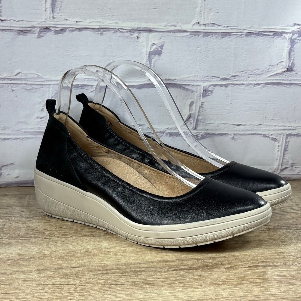 Vionic Jacey Black Leather Wedge Shoes Women's Size 10 Comfort Slip On